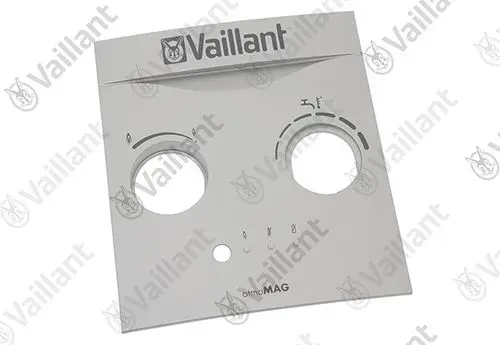 Frontblende von Vaillant mit zwei runden Öffnungen und Bedienelementen. Die Oberfläche ist schlank und klar strukturiert. Ideale Abdeckung für Heizsysteme.